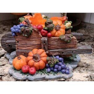 Fall Candle Holder Pumpkins Grapes Squash Home Decor In Wheelbarrow Cart